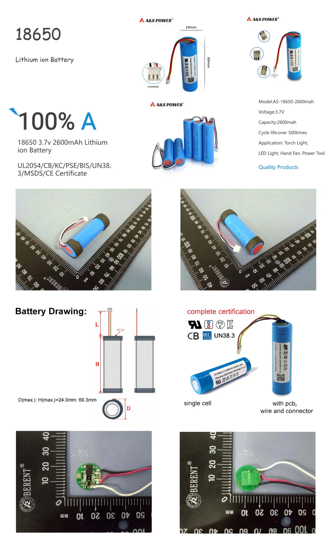 UL Certification Li-ion Rechargeable 18650 3.7V 2600mAh Lithium Ion Battery Cell